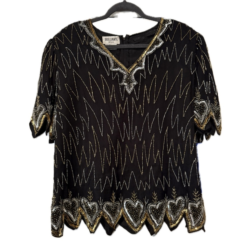 Brilliante by J. A. Womens Plus 2X Black Silk Sequin Hearts Beaded Evening Top